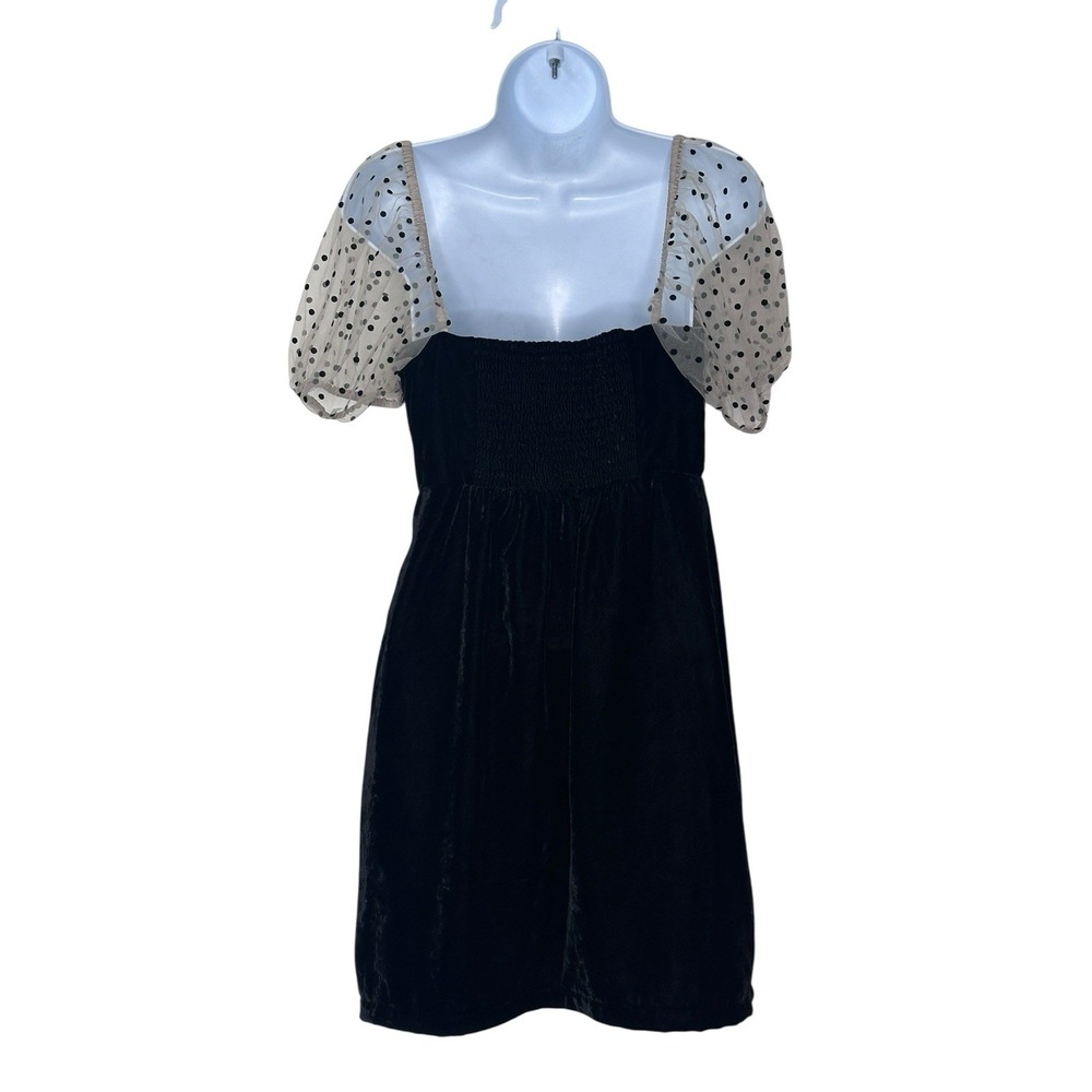 Camila Coelho Heirloom Velvet Tulle Puff Sleeve Flocked Dot Dress Black SMALL S - Picture 6 of 10
